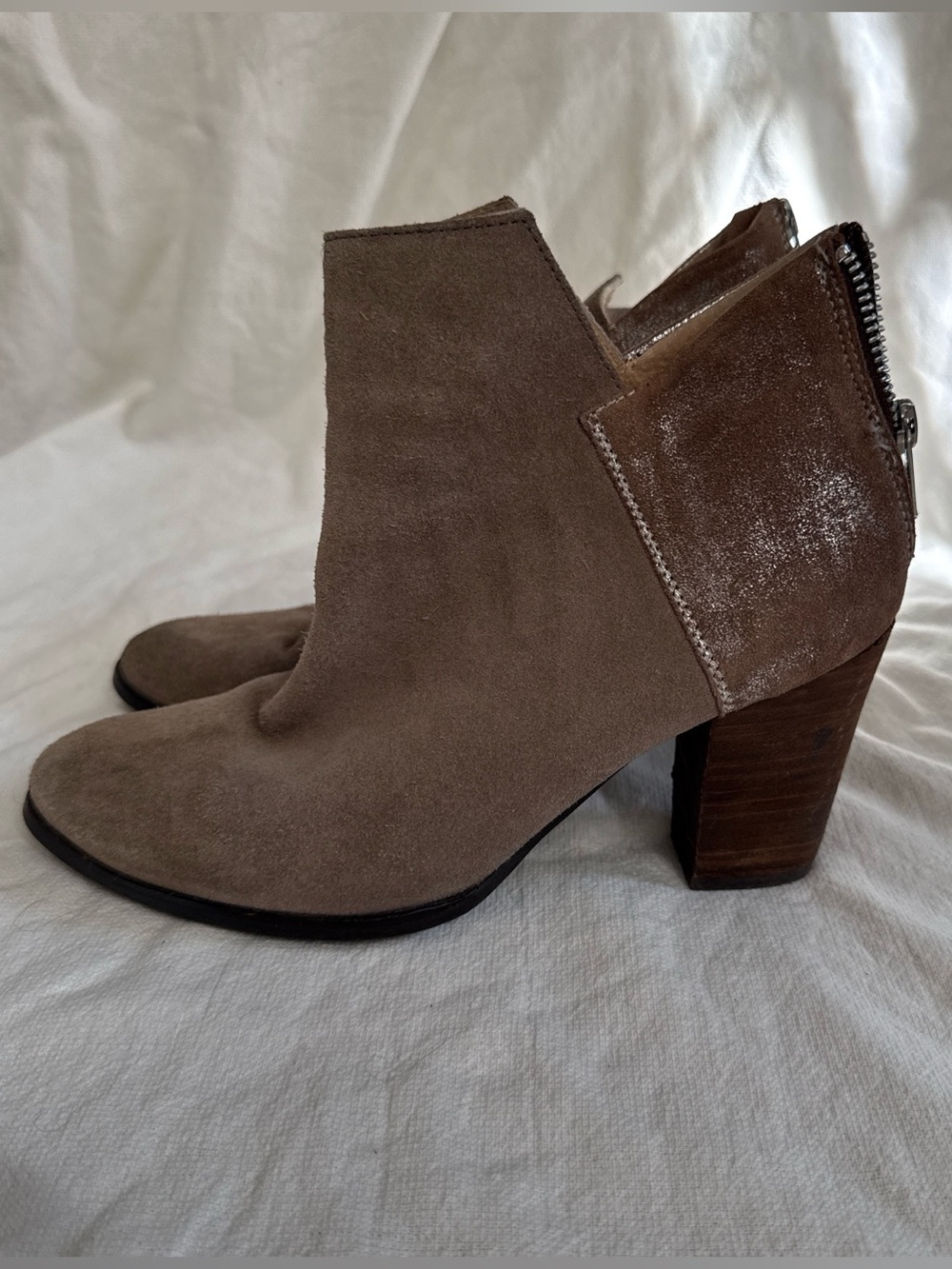 Seychelles Taupe Suede Ankle Booties with Stacked Heel